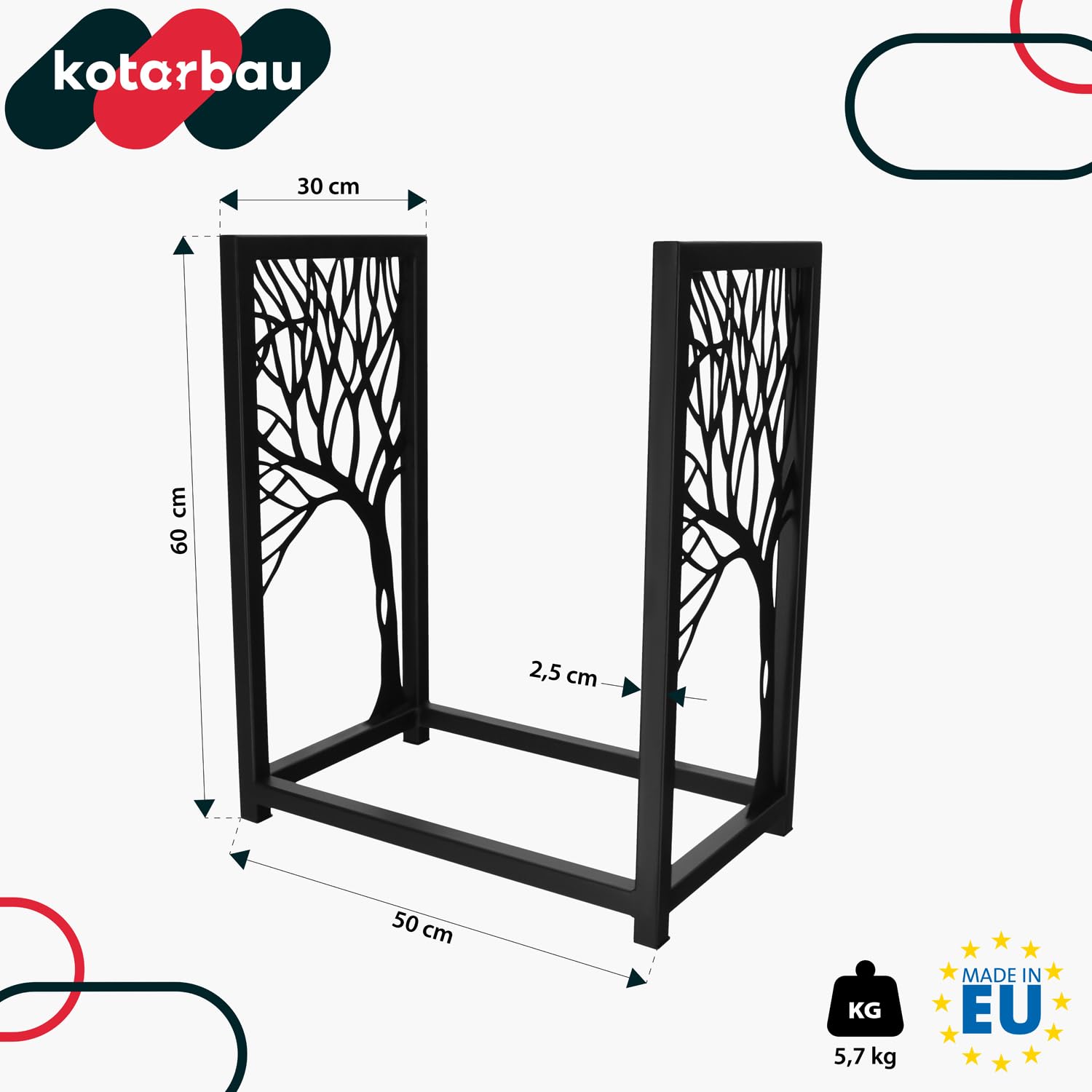 KOTARBAU® Leñero Interior - Cesta Leña Chimenea - Acero Revestido - 50 x 30 x 60 cm - Soporte para Leña - Moderno - Decorativo - Almacenamiento - Robusto - Negro