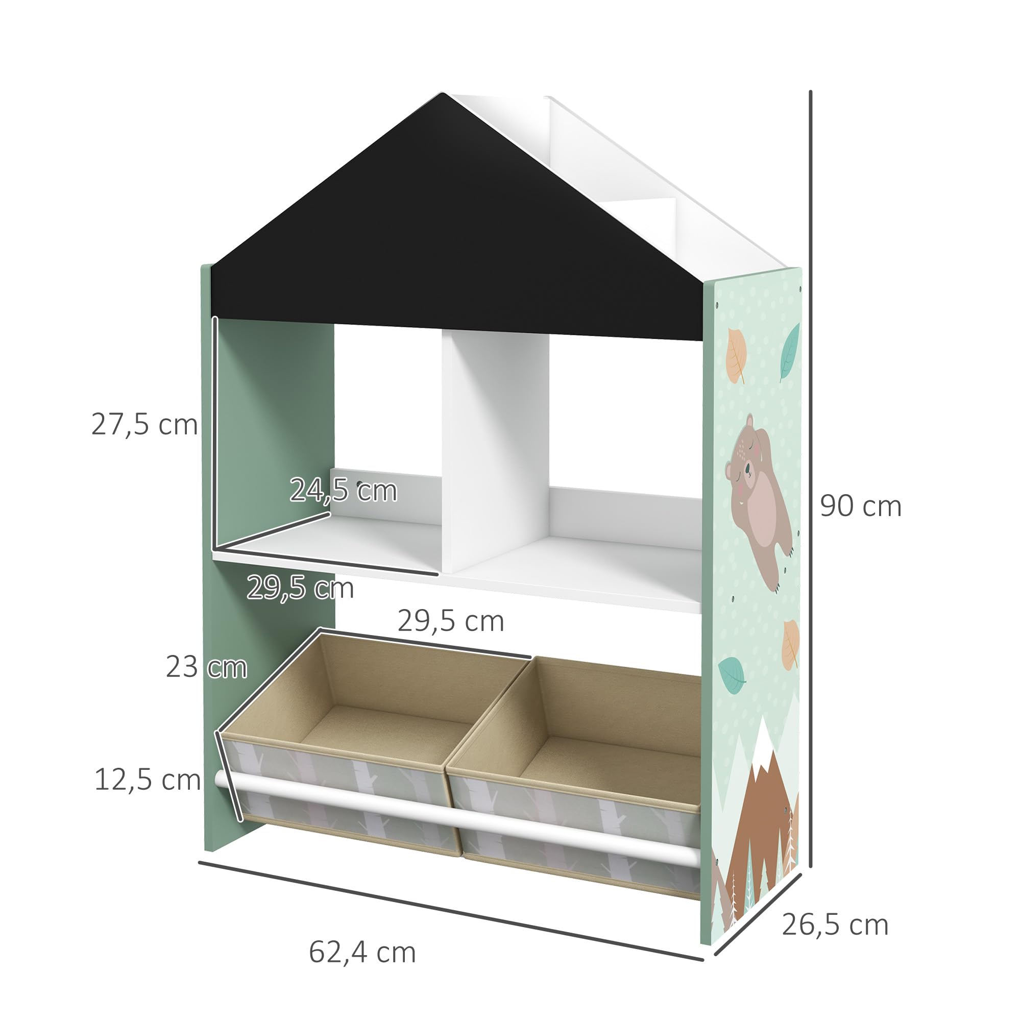 ZONEKIZ Estantería para Juguetes Organizador Infantil con Pizarra Pintable Estantes Abiertos y 2 Cajas de Tela no Tejida Extraíbles para Sala de Juegos Habitación Guardería 62,4x26,5x90 cm Verde