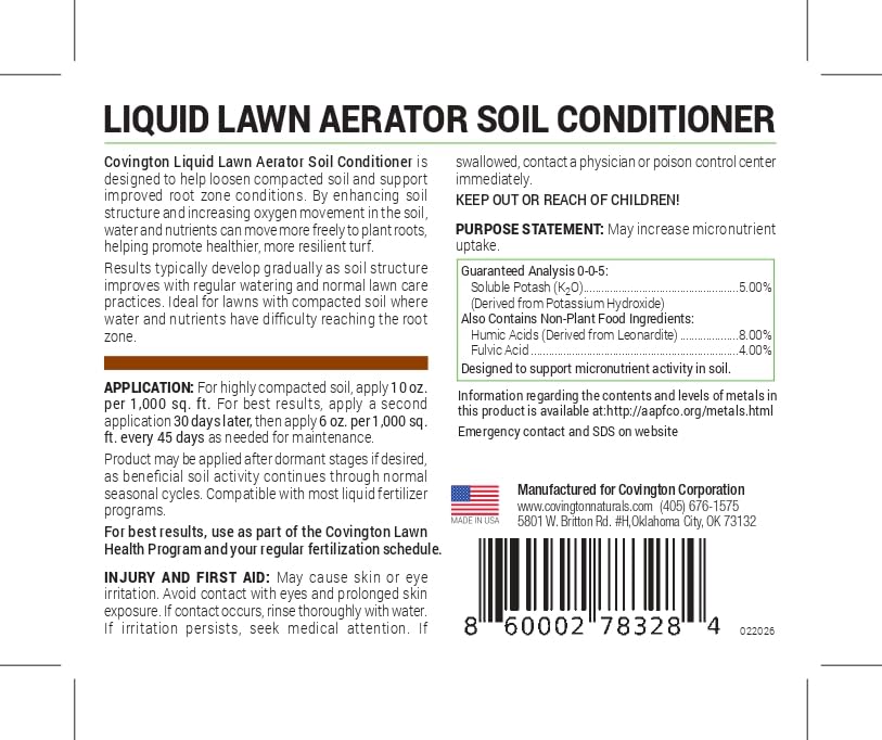 Covington Liquid Lawn Aerator (32oz) – Soil Conditioner & Softener for Lawns & Gardens – Loosens Clay & Compacted Soil for Better Water & Nutrient Absorption – Liquid Aeration Concentrate, Made in USA