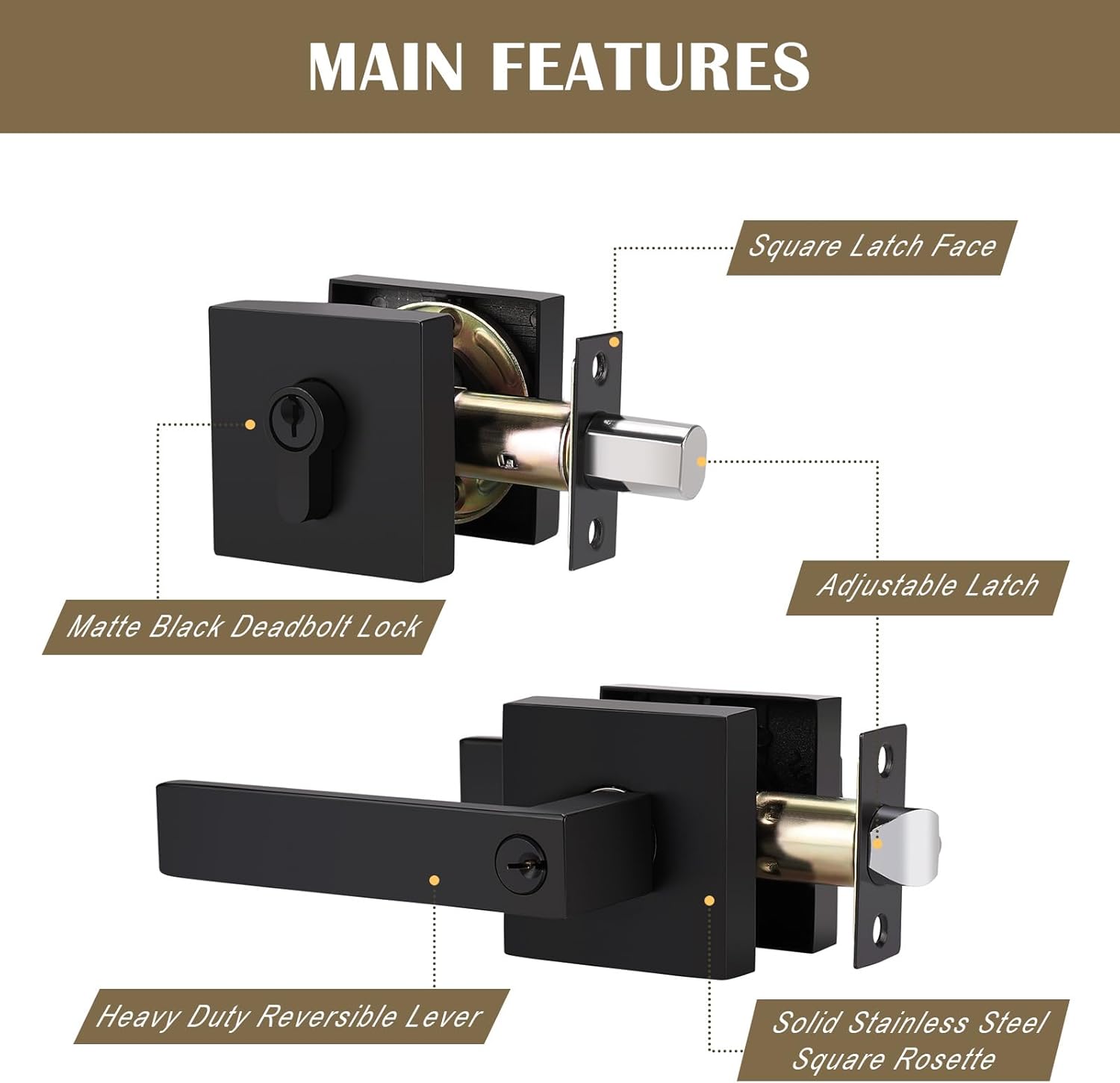 home improvement direct 3 Pack Keyed Entry Door Lever and Double Cylinder Deadbolt Set, Keyed Alike Reversible Lockset, Matte Black Square Interior/Exterior Handleset for Bedroom, Front Door