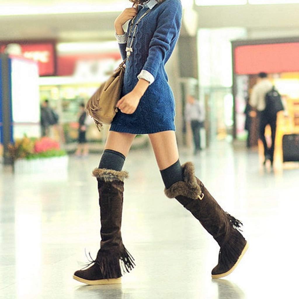 MIOKE Women's Winter Knee High Tall Snow Boots Fashion Buckle Fringe Waterproof Warm Fur Wide Calf Snow Boot