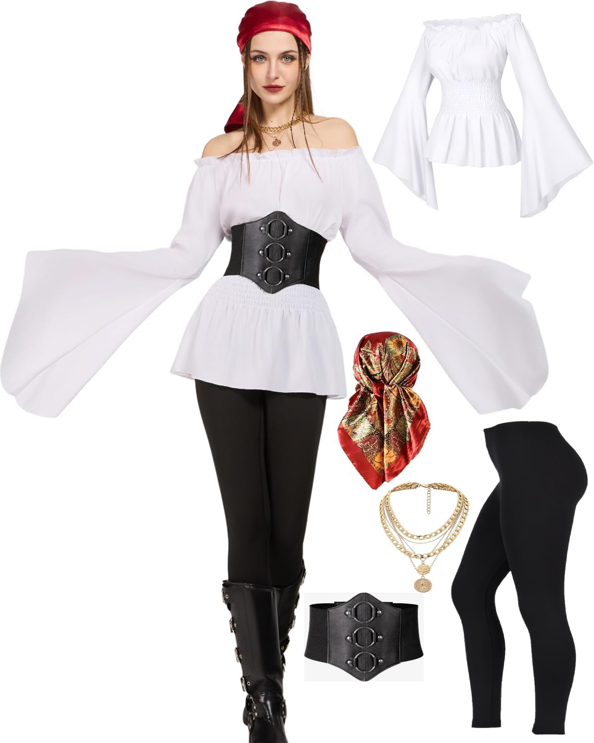 Women's Pirate Costumes Outfit with Accessories Renaissance Shirt Top Corset Belt Head Scarf - Image 8