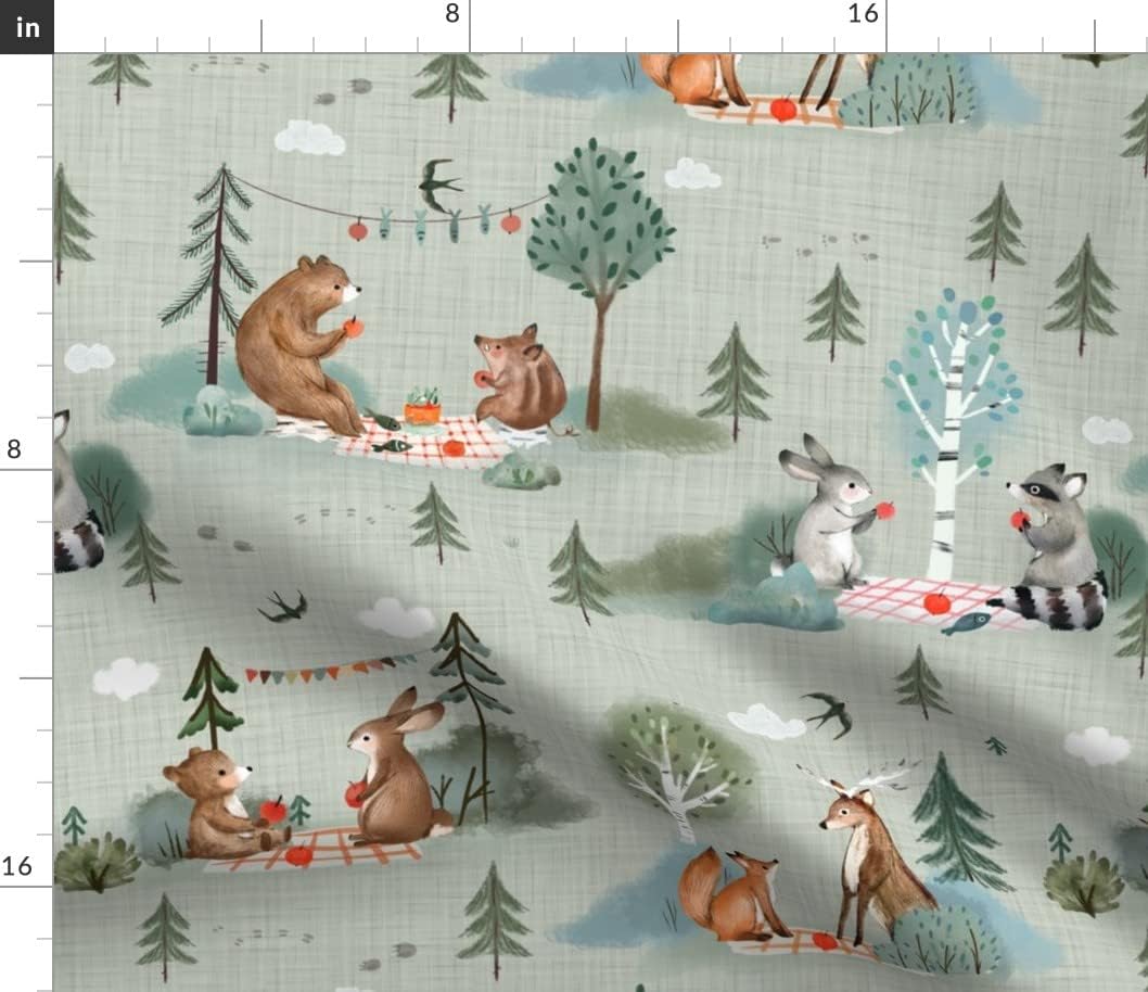 Spoonflower Fabric - Mint Sage Green Woodland Animals Camping Outdoors Printed on Petal Signature Cotton Fabric by The Yard - Sewing Quilting Apparel Crafts Decor
