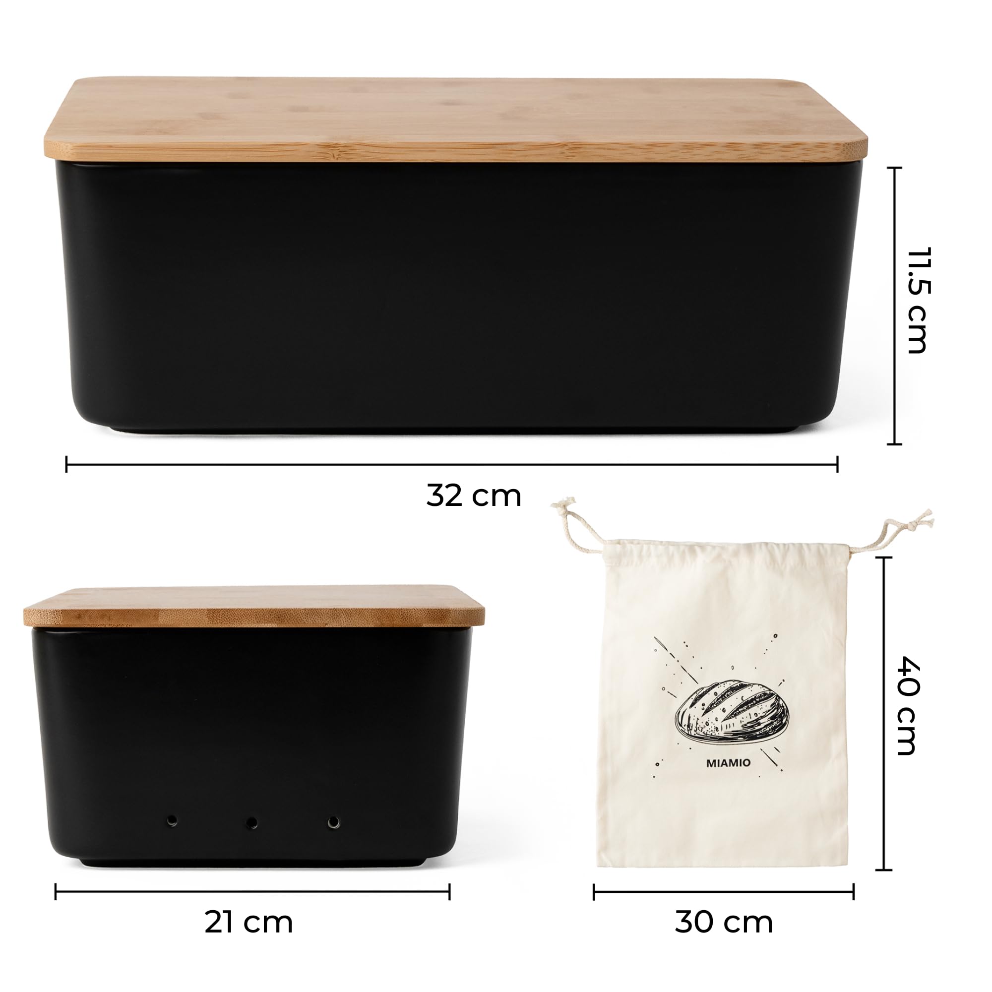 MIAMIO - Brotbox/Brotaufbewahrung/Brotkasten Keramik mit Deckel (Schwarz) | Brot Kasten mit Bambus-Deckel & Schneidebrett, Keramik Brotkasten / Brotdose, Moderne Brotaufbewahrung mit Stofftasche