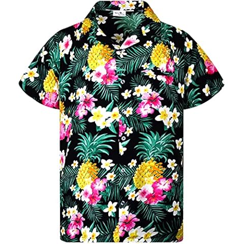 Camisa King Kameha Hawaiana Unisex Flores Piña Negro 8 Años Cover
