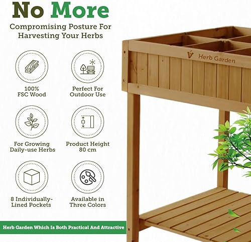 Miniatura 3 de VegTrug Jardín de hierbas de 8 bolsillos, maceta de madera para hierbas con tijeras de hierbas, natural