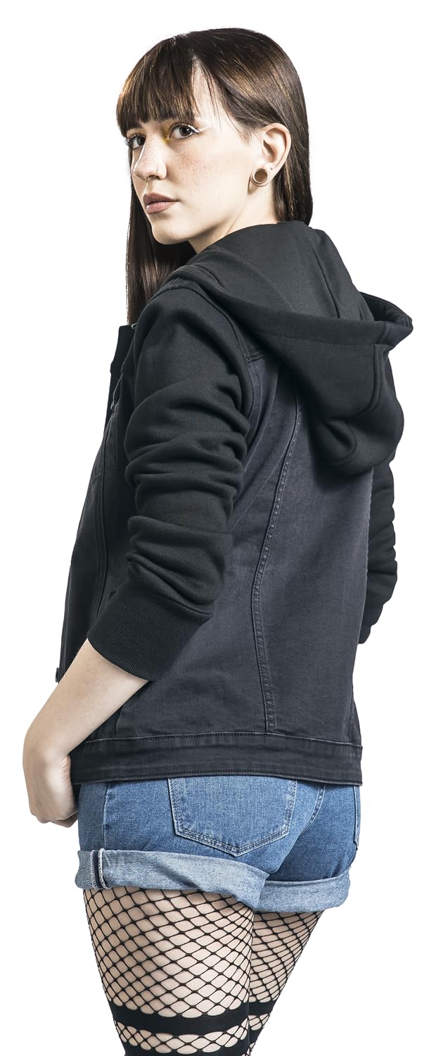 RED by EMP Damen schwarze Jeansjacke mit Sweatärmeln und Kapuze