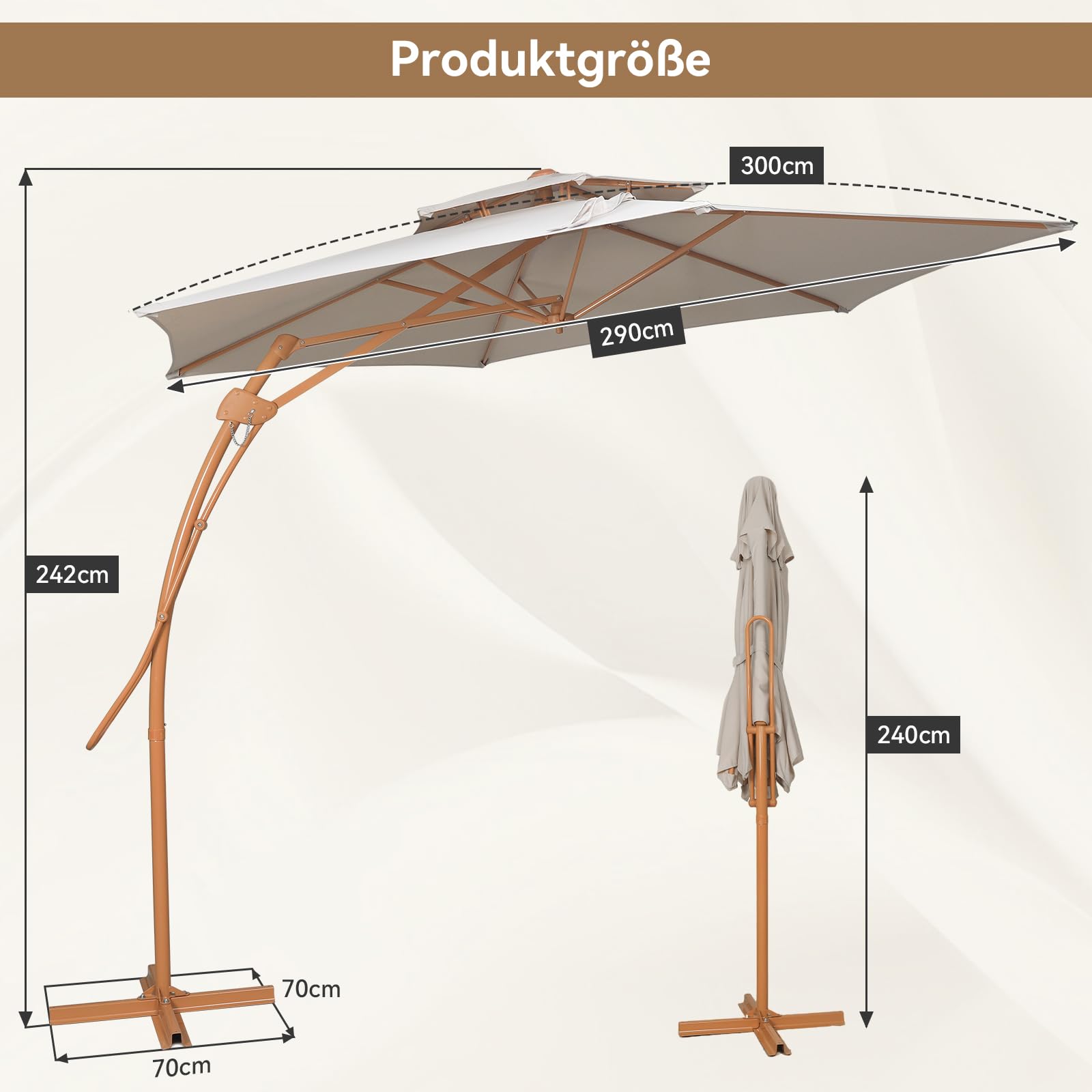 Sonnenschirm Balkon 300cm Gartenschirm Ampelschirm mit Kurbel UV-Schutz,Doppel-Top Design,Kurbelschirm mit 6 robusten Streben,für Garten Terrasse Balkon, inkl, Beige