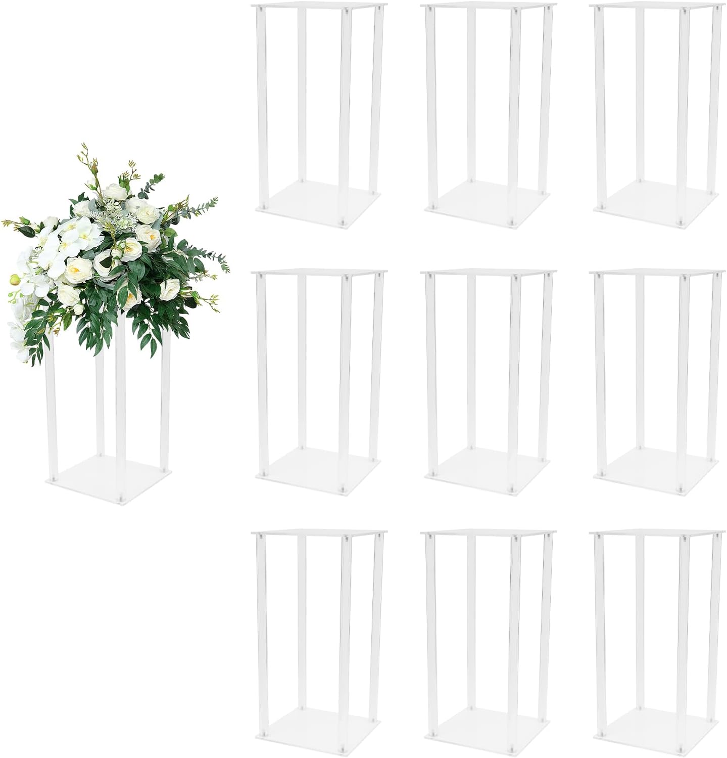 10PCS Wedding Acrylic Vase, 24in Tall Decorative Flower Stands with Clear Tabletop Geometric Centerpieces, Stand-Floor Column Display Risers for Weddings (9.84*9.84*23.62in)