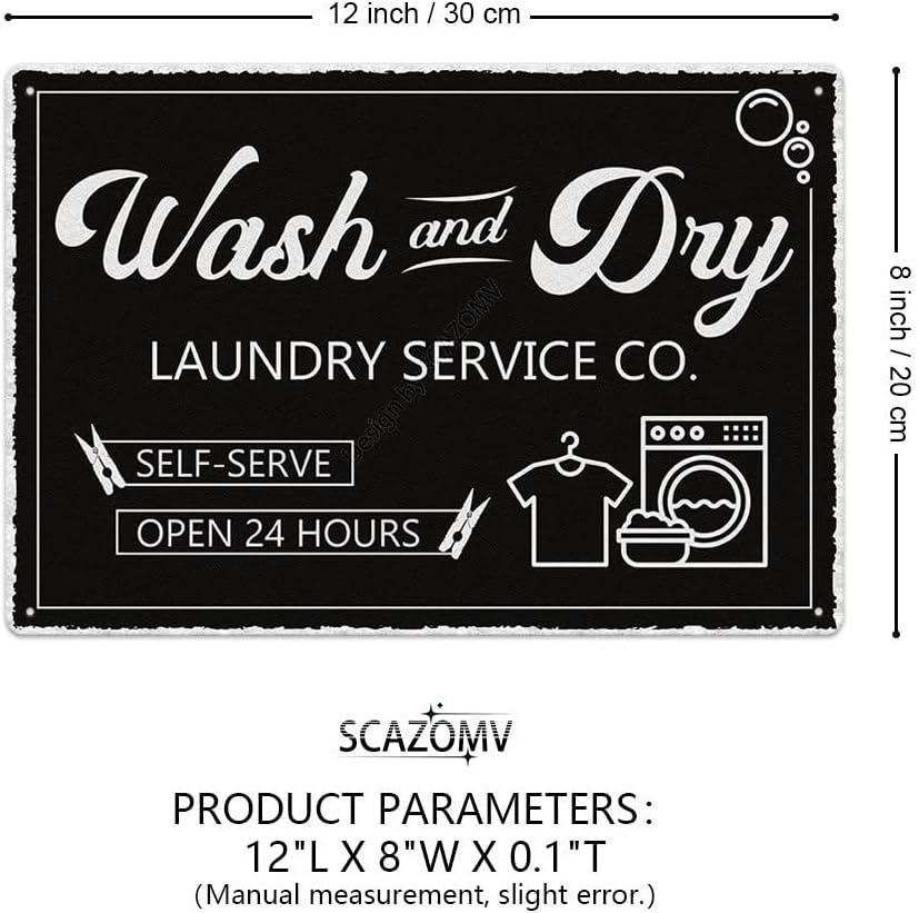 SCAZOMV Laundry Room Decor Black Sign, Wash and Dry Laundry Wall Plaque Art Accessories, Home Farmhouse Bathroom Funny Vintage Metal Signs (12 x 8 Inches)