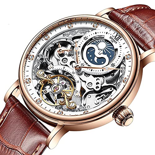 Montre Homme Analogique Mécanique Automatique Montres Etanche Squelette Bracelet Cuir Affaires Mode Montres Hommes Meilleur Cadeau pour Les Hommes,Marron