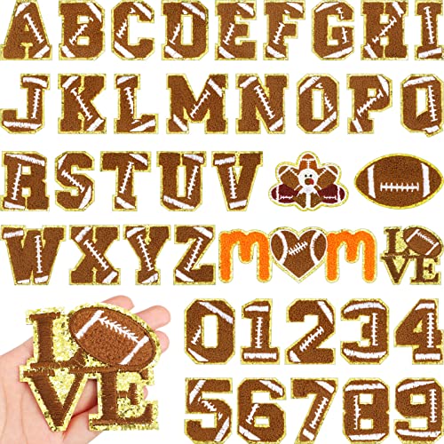 Chunyin 40 Pcs Football Iron on Patches Chenille Embroidered Sports Game Day Self Adhesive Applique Sew DIY Iron on Letter Number Patches for Clothing Repair Hat Jeans Pants Backpacks Bowl Party Gift