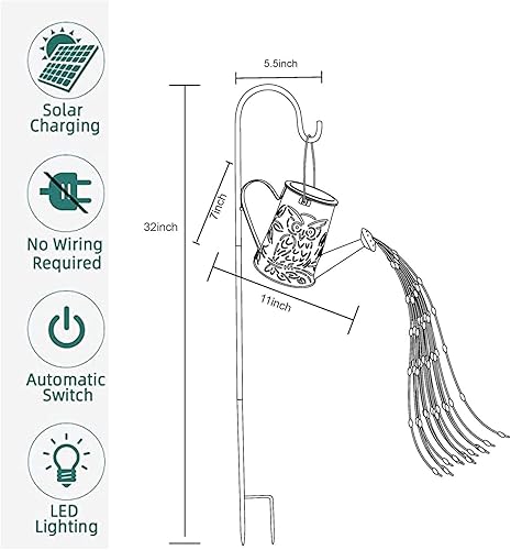 Miniatura 7 de Regadera solar con luces en cascada, luces de cascada grandes, decoración de jardín, linterna colgante solar con forma de búho, impermeable, 96