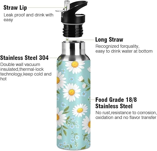 Miniatura 3 de Stainless Steel Water Bottle 20 Oz, BPA-Free Sports Water Bottle with Straw for Gym Outdoor Travel School, Daisies Yellow Blue Flowers
