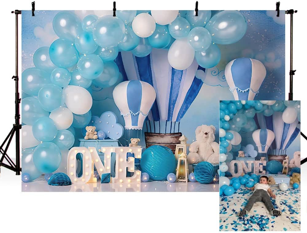 MEHOFOND 7x5ft Blue Boy 1st Birthday Photography Backdrops Hot Air Balloons Bear Baby Adventure Background Kids Party Decor Banner Newborn Photographer Photo Props Studio