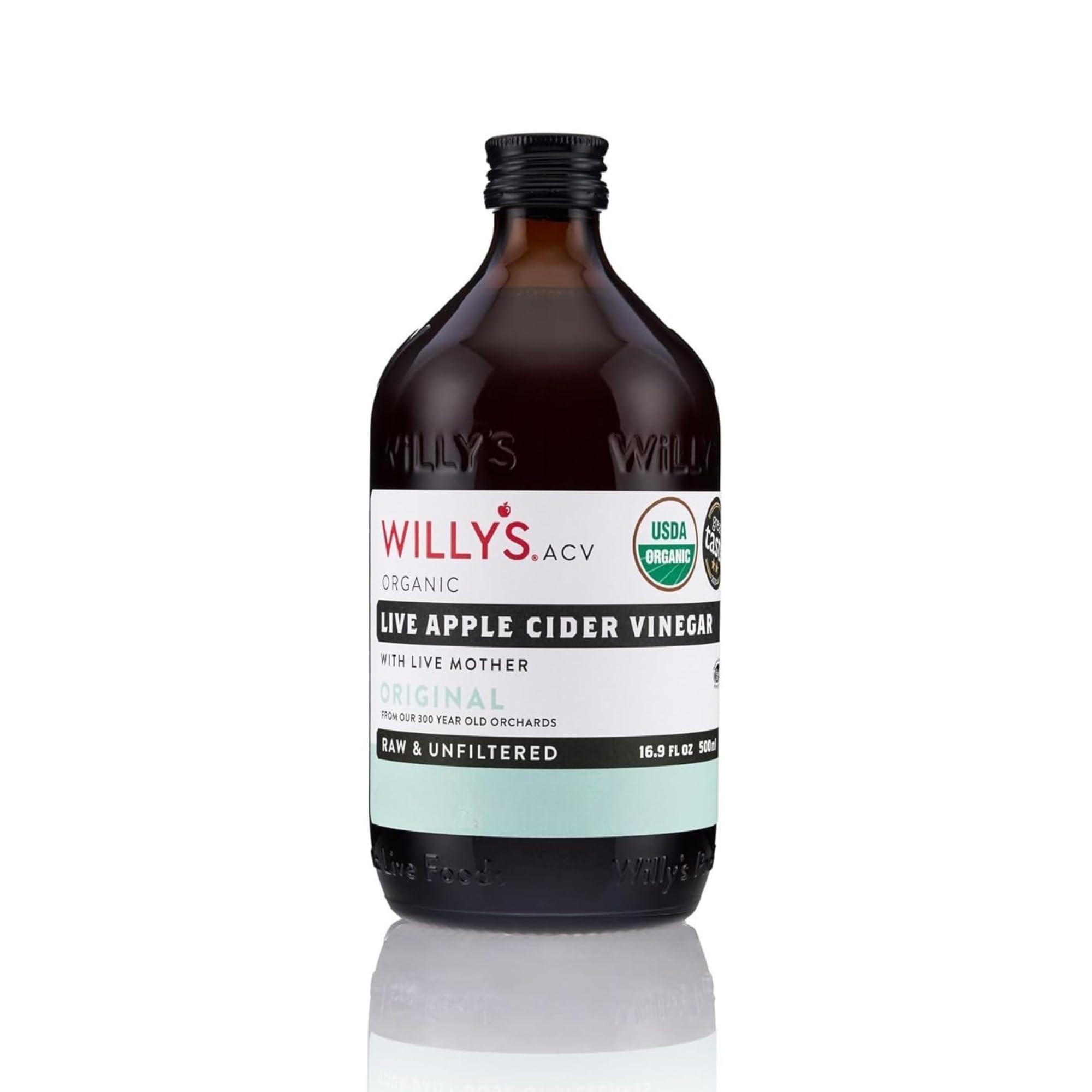 Willy's Organic ACV Apple Cider Vinegar with Mother - Probiotocs for Detox and Gut Health. 16.9oz Glass Bottle