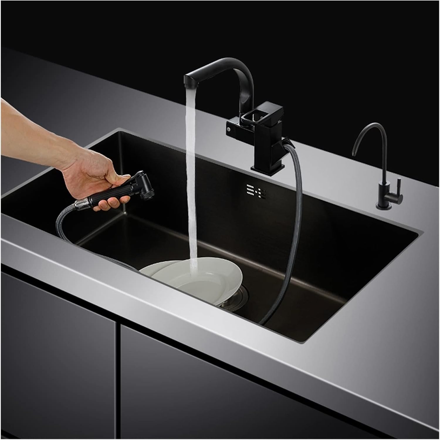 キッチンシンク 黒の手作りのシングルボウルのキッチンシンクの下で大きいステンレス鋼のキッチンシンクシングルボウルバーまたは引っかけの台所のシンク シングルボールシンク 注目ブランド ホームキッチン Size B