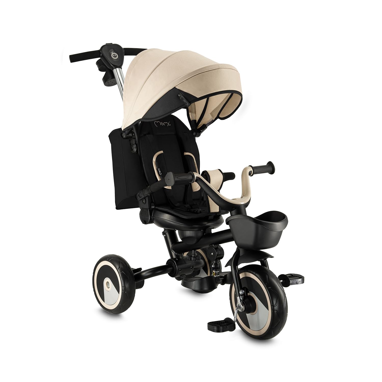 Triciclo per bambini MoMi IVI, seduta girevole 360°, cinture a 3 punti, poggiapiedi, tettuccio parasole, ruote EVA, manubrio regolabile, borsa e cestino portaoggetti