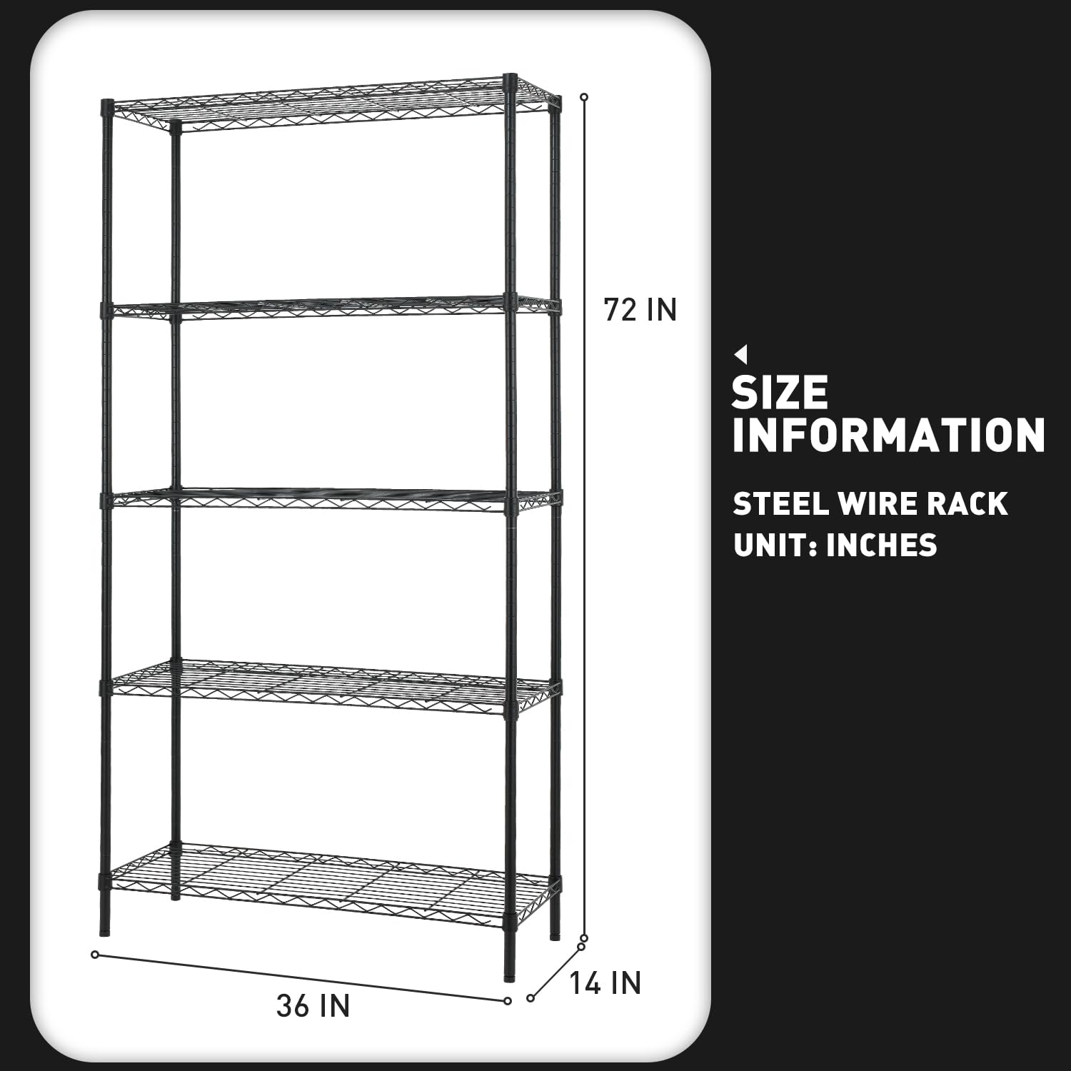 Furniture of America Upland Metallregal mit 5 Etagen, NSF-Zertifiziert, strapazierfähig, höhenverstellbar, Drahtregal für Küche, Büro, Garage, Keller, Waschküche, Schwarz