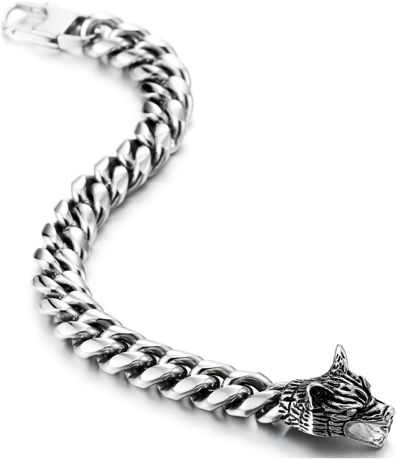 COOLSTEELANDBEYOND Men’s Steel Wolf Head Bracelet Heavy Curb Chain Link Design Bold Viking Style Fashion Jewelry - Image 4