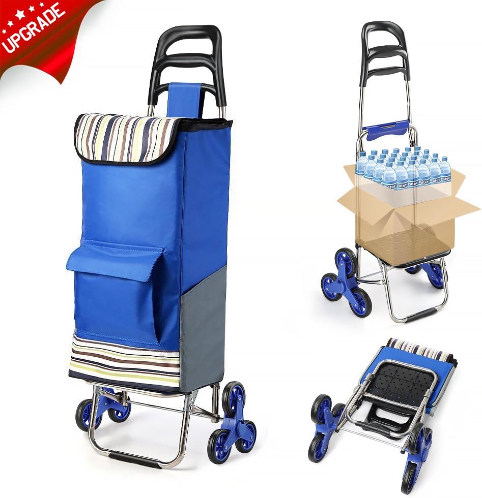 Folding Shopping Cart Extended Handle Stair Climbing Cart with Quiet Rubber Tri-Wheels Grocery Foldable Utility Cart with Upgraded Bottom Platform to Prevent Sagging