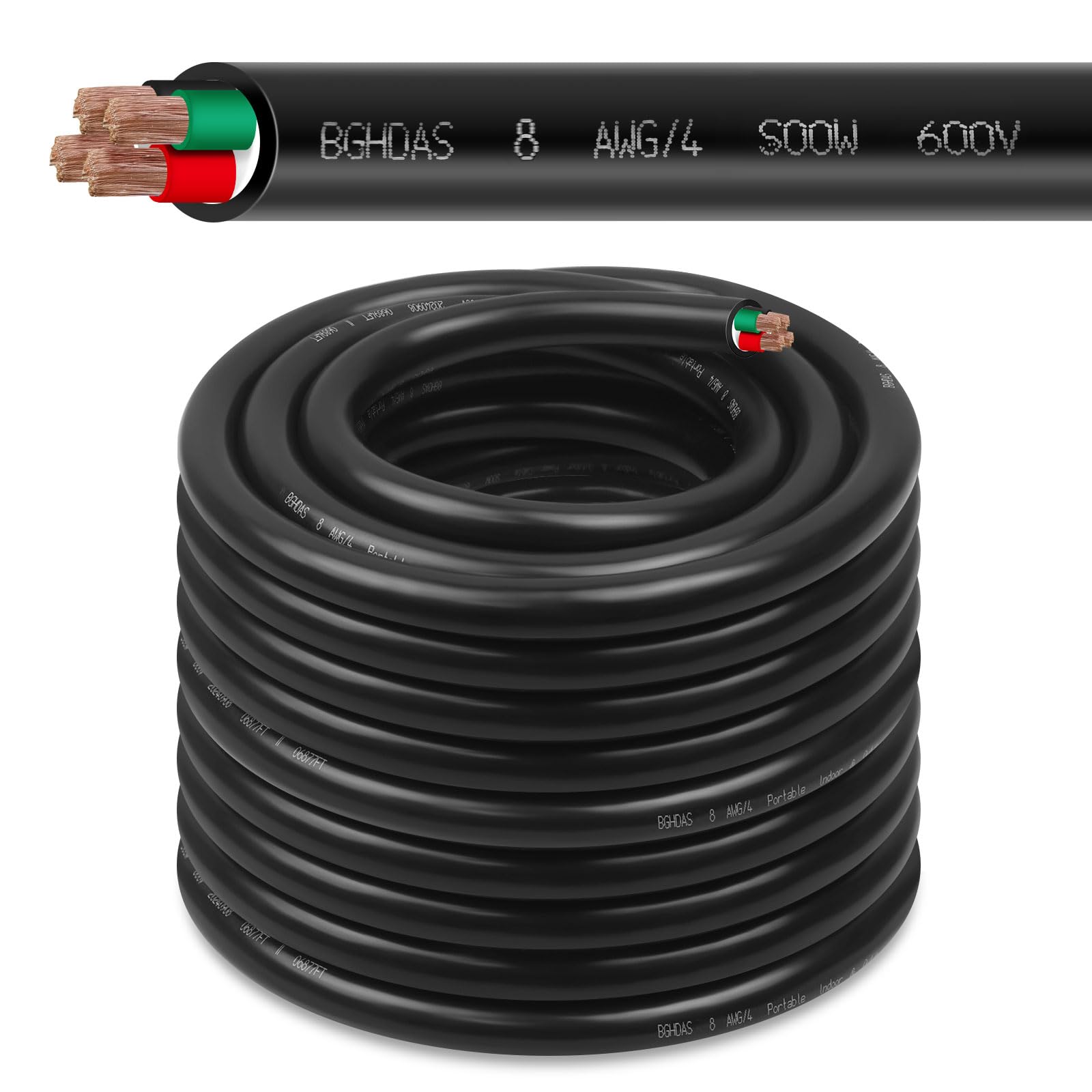 75ft 8/4 8 AWG Portable Power Cable (4 Conductor) - SOOW 600V 8 Gauge Electric Wire for Generator, Portable Lights, RV/EV Car Battery Chargers and