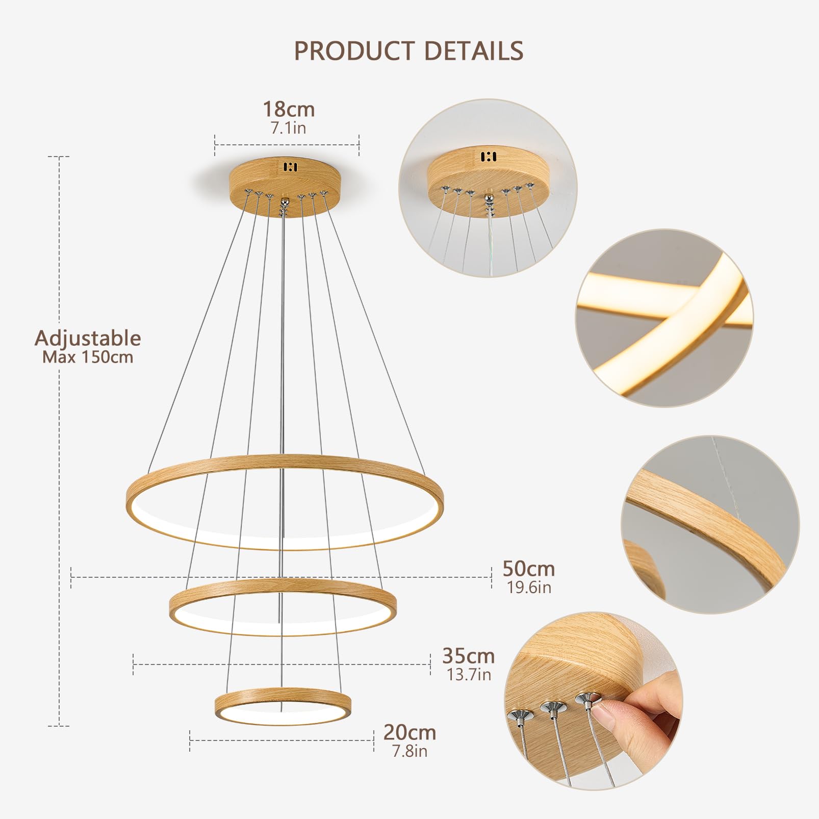 YOODI Lampadario a Sospensione Dimmerabile con Telecomando APP 50+35+20cm 3 Anelli 45W 3000K-6000K LED Lampada a Sospensione Altezza Massima 150cm per Soggiorno, Camera da Letto, Hotel