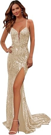 HANVAIOS Sparkly Sequin Prom Dresses Long Mermaid Formal Evening Gown with Slit