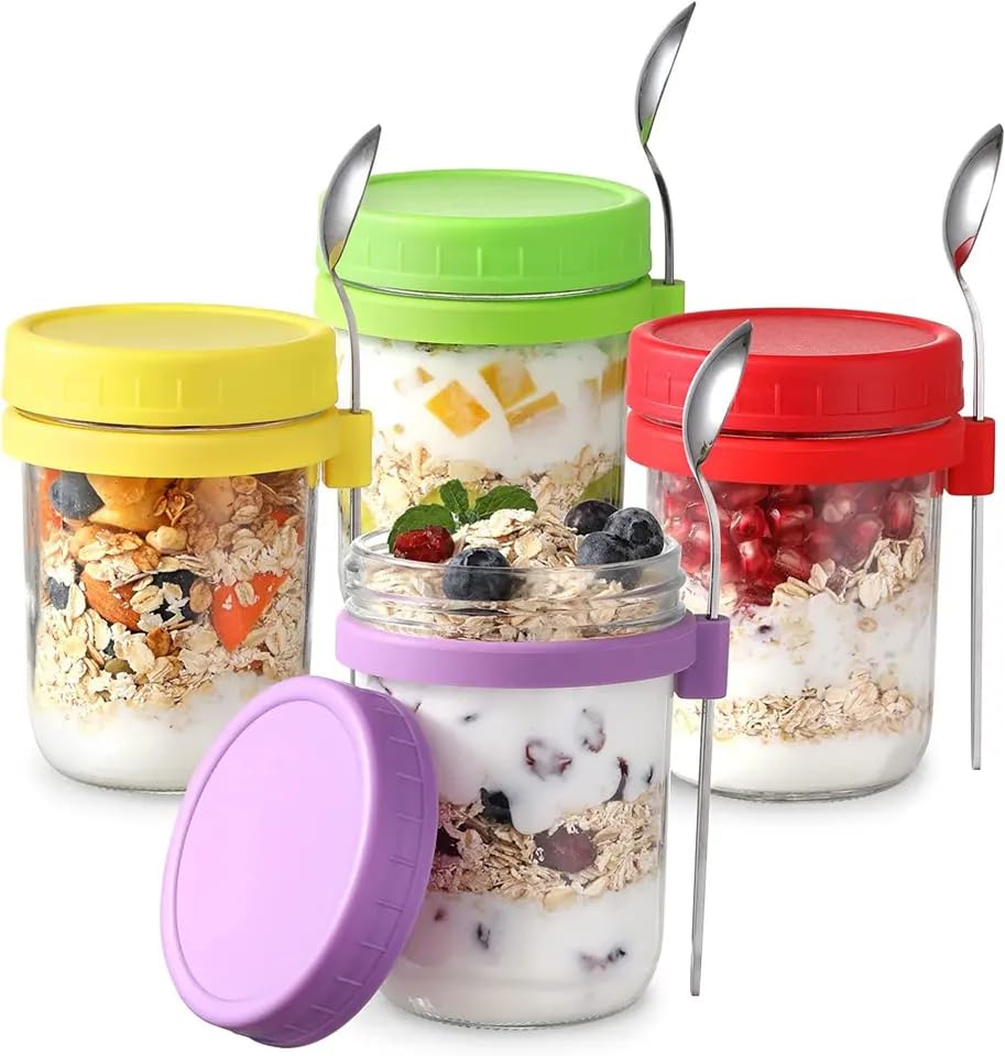 Mersa 16oz Storage Mason Jar And Canister With Spoon For Oats Salads Yoghurt Cereals, Gray, Pack of 4