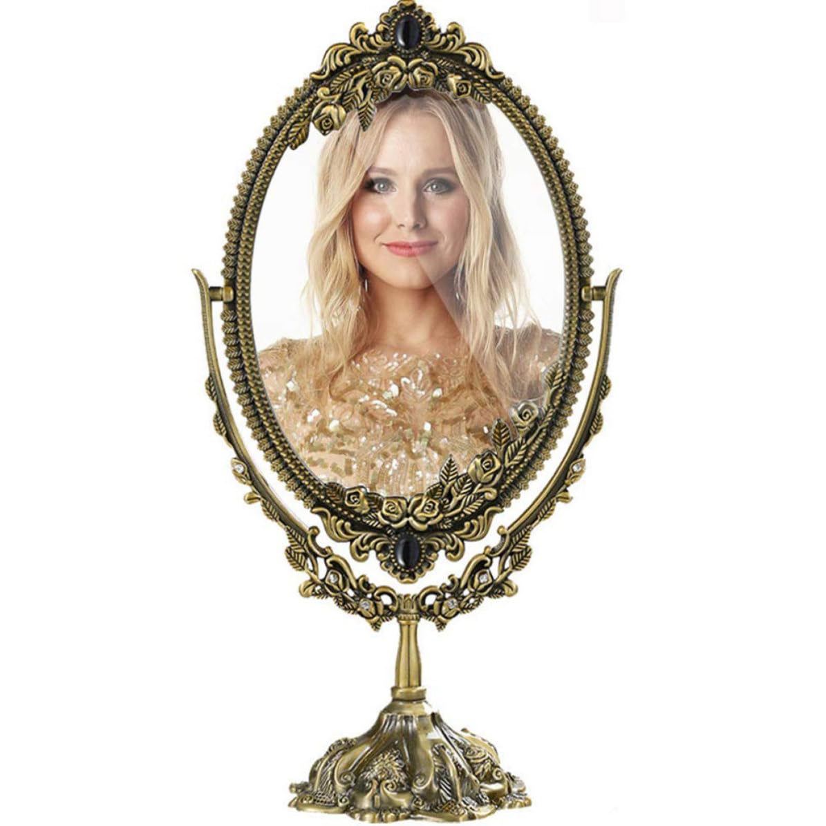 Retro Spiegel aus Metall mit Stabilem Standfuß und Filigranem Design Doppelseitiger Schminkspiegel für Makeup und Rasur Eleganter Tischspiegel mit Glasoberfläche
