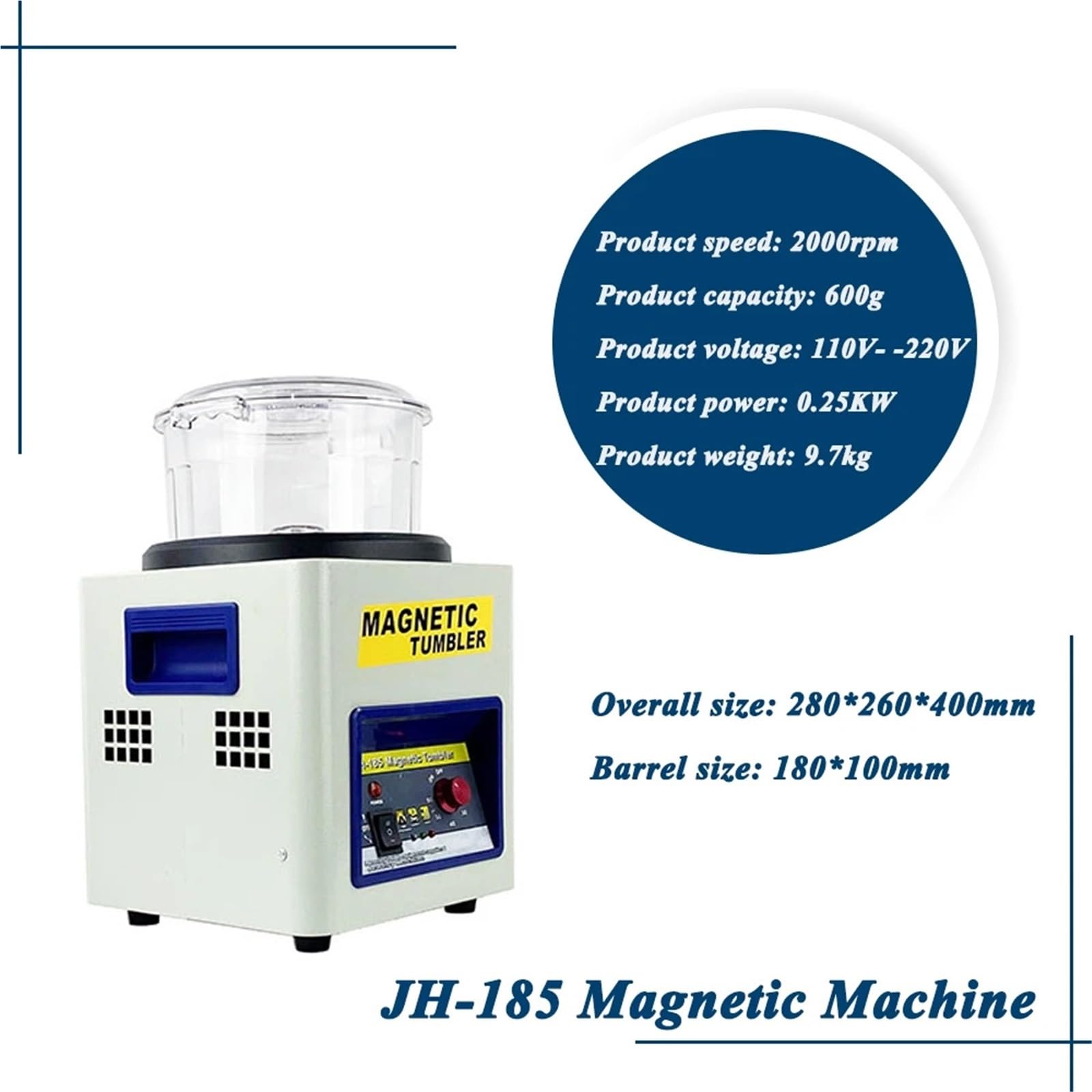 Tischpoliermaschine, JH-185 Magnetischer Schmuck-Trommelpolierer, Mini-Poliermaschine mit rotierender Oberfläche, Glaszylinder und Verschluss