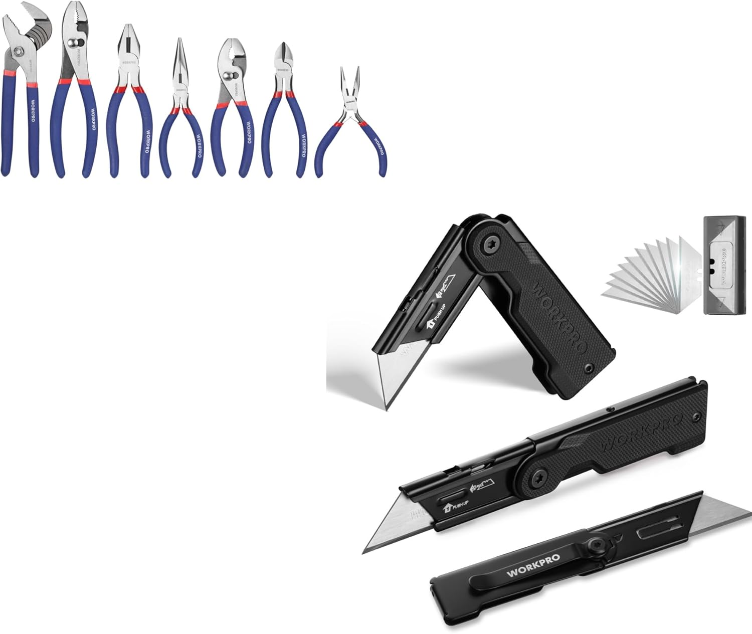 WORKPRO 7-piece Pliers Set with Groove Joint and 3-Pack G10 Handle Folding Utility Knife Set