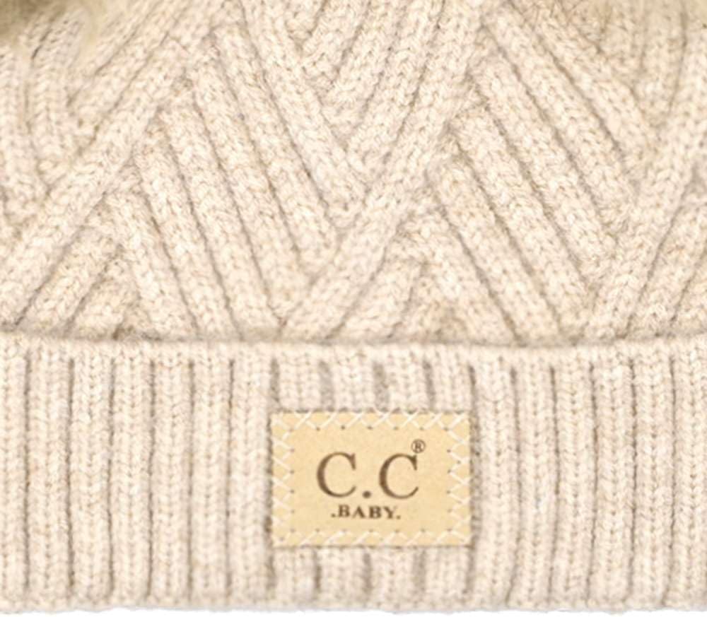 C.C Baby Soft Stretch Cable Knit Winter Beanie Hat with Faux Fur Pom Pom for Infant Newborn 0-12M