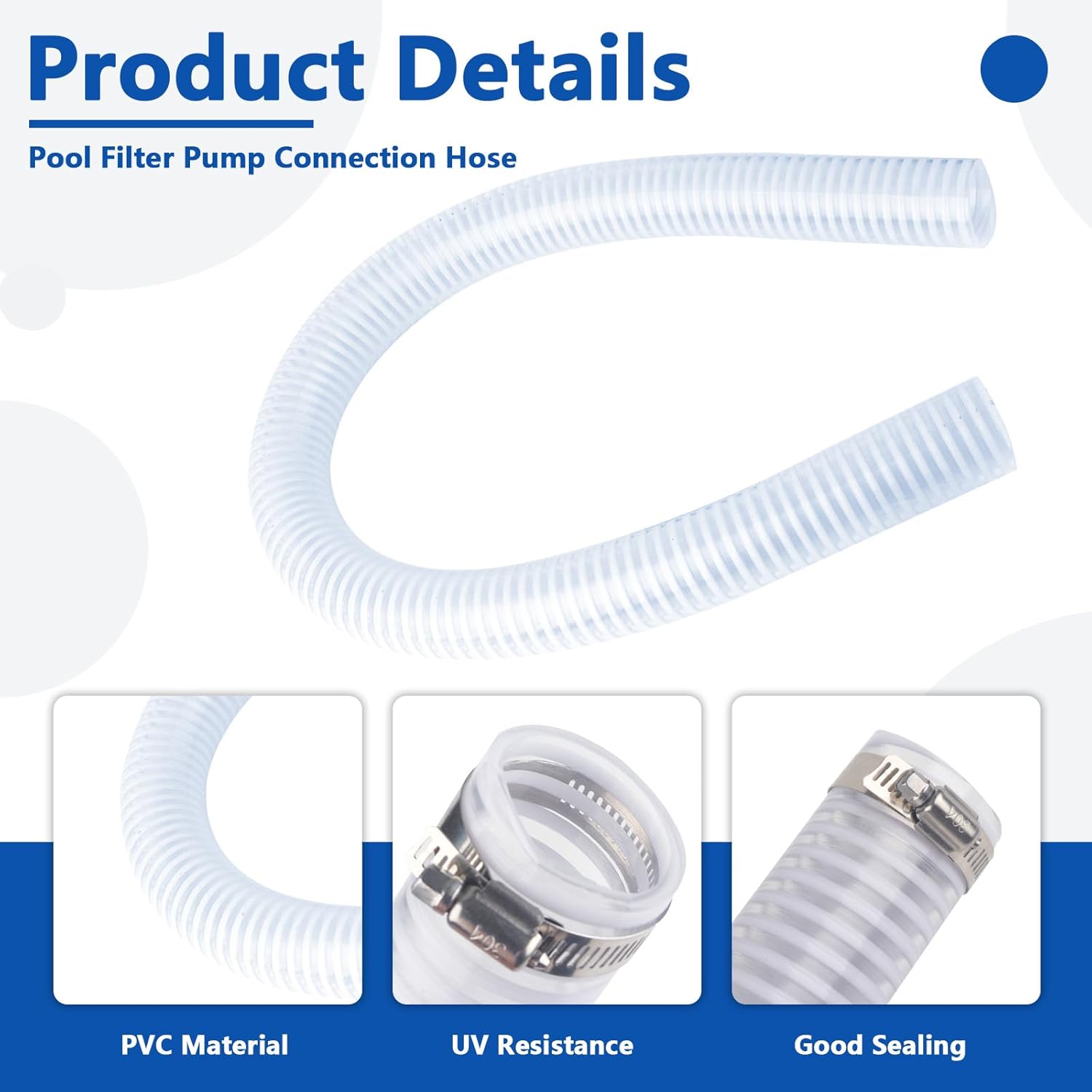 IWIWE 1 1/2 Inch Swimming Pool Replacement Hose Pool Filter Pump Connection PVC Hose For Above Ground Pools 1.5" x 3FT（Includes 2 Hose Clamps）