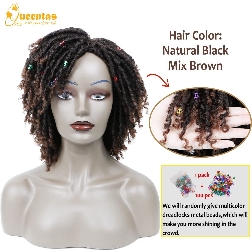 QUEENTAS 12 Inch Short Curly Big Afro Braided Dreadlock Wigs for Black Women and Men, Black to Brown Lightweight Synthetic Faux Locs Twist Wig, Natural & Easy to Wear for Daily Party Occasions