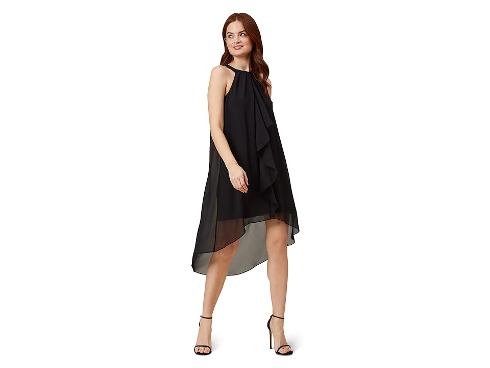 Adrianna Papell Stretch Jersey Halter Neck Dress With Chiffon Ruffle  Overlay (Black) Women's Dress International Shipping