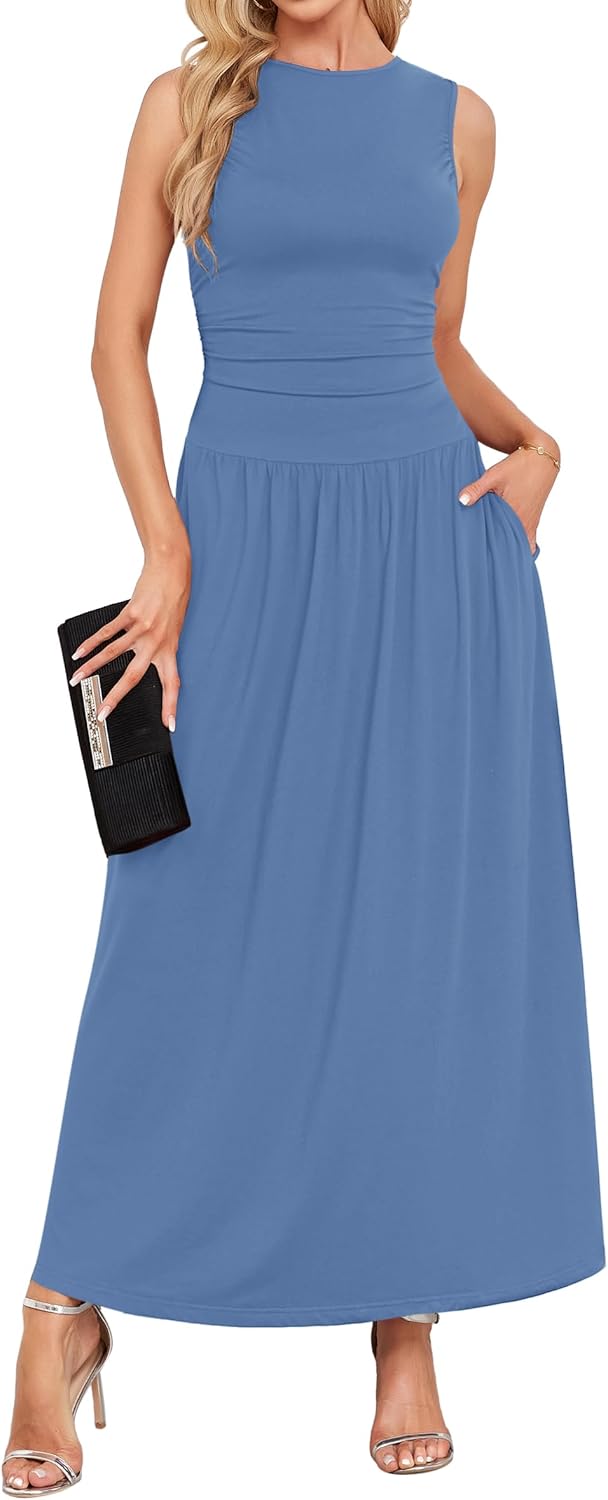 AUSELILY Womens Maxi Dress 2025 Summer Sleeveless Casual Slim Flowy Pleated Long Dresses with Pockets - Image 2