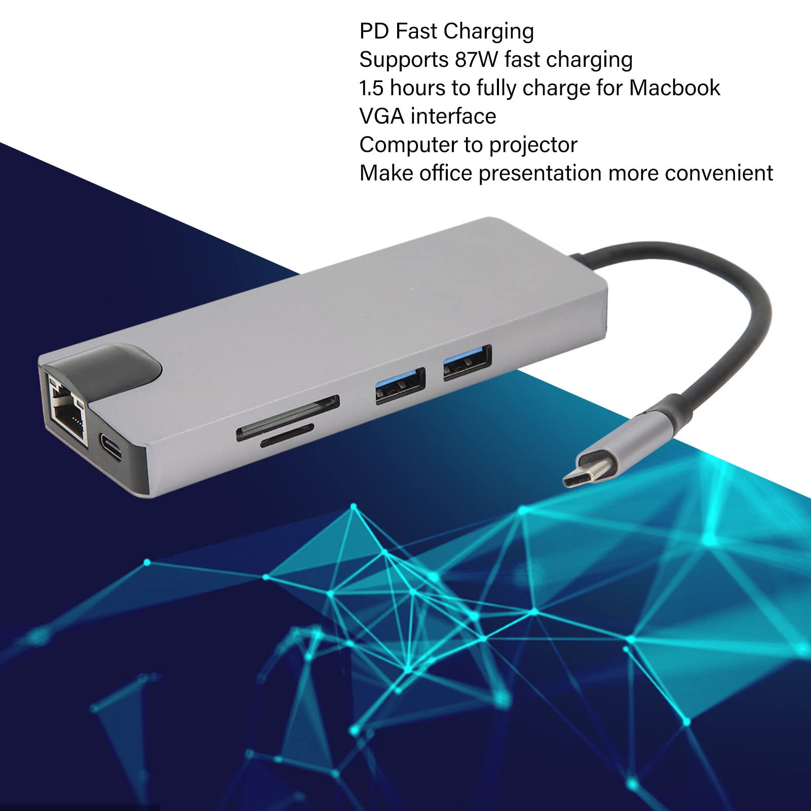 Pilipane Concentrateur USB C,Concentrateur USB, Adaptateur USB, Adaptateur De Concentrateur D'interface Multimédia 8 en 1 Type C vers VGA HD PD Concentrateur USB3.0 à Charge Rapide