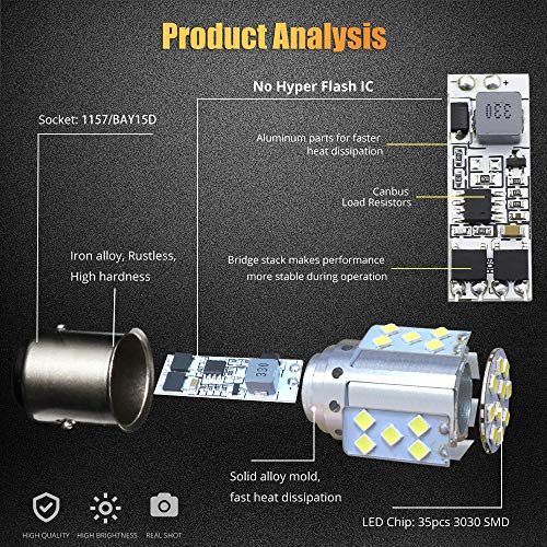 BOODLIED 17.6Watts 9-30V Super Bright 1157 BAY15D 2357 2057 LED Bulbs 3030 35SMD Chips 2800LM For Car RV Reverse Lights Turn Signal Light,Whie(2-Pack).