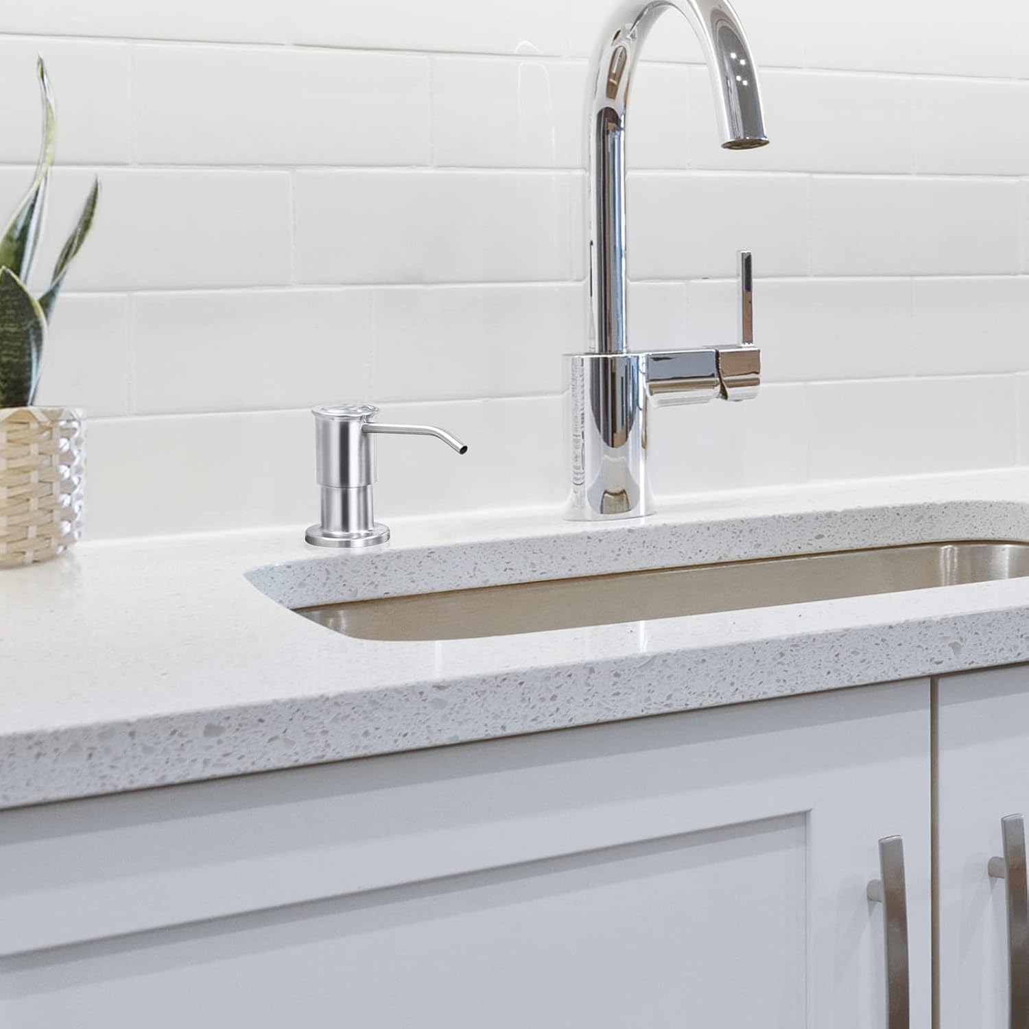 Built-in Soap Dispenser for Kitchen Sink, Soap Dispenser Pump Set with 17oz Bottle and 47.2-inch Extension Tube Kit for Dish Detergent - Stainless Steel, Brushed Nickel