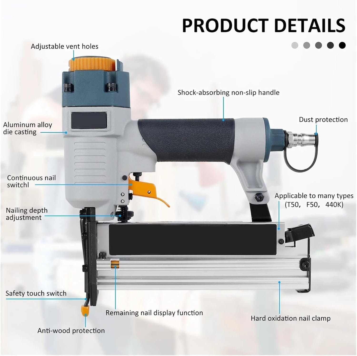 Pneumatic Stapler ，Powered Upholstery Stapler Air Nailer Carpenter Nail Gun Furniture Construction Stapler Upholstery Staple Gun with Staples Home Decor Carpentry Tools