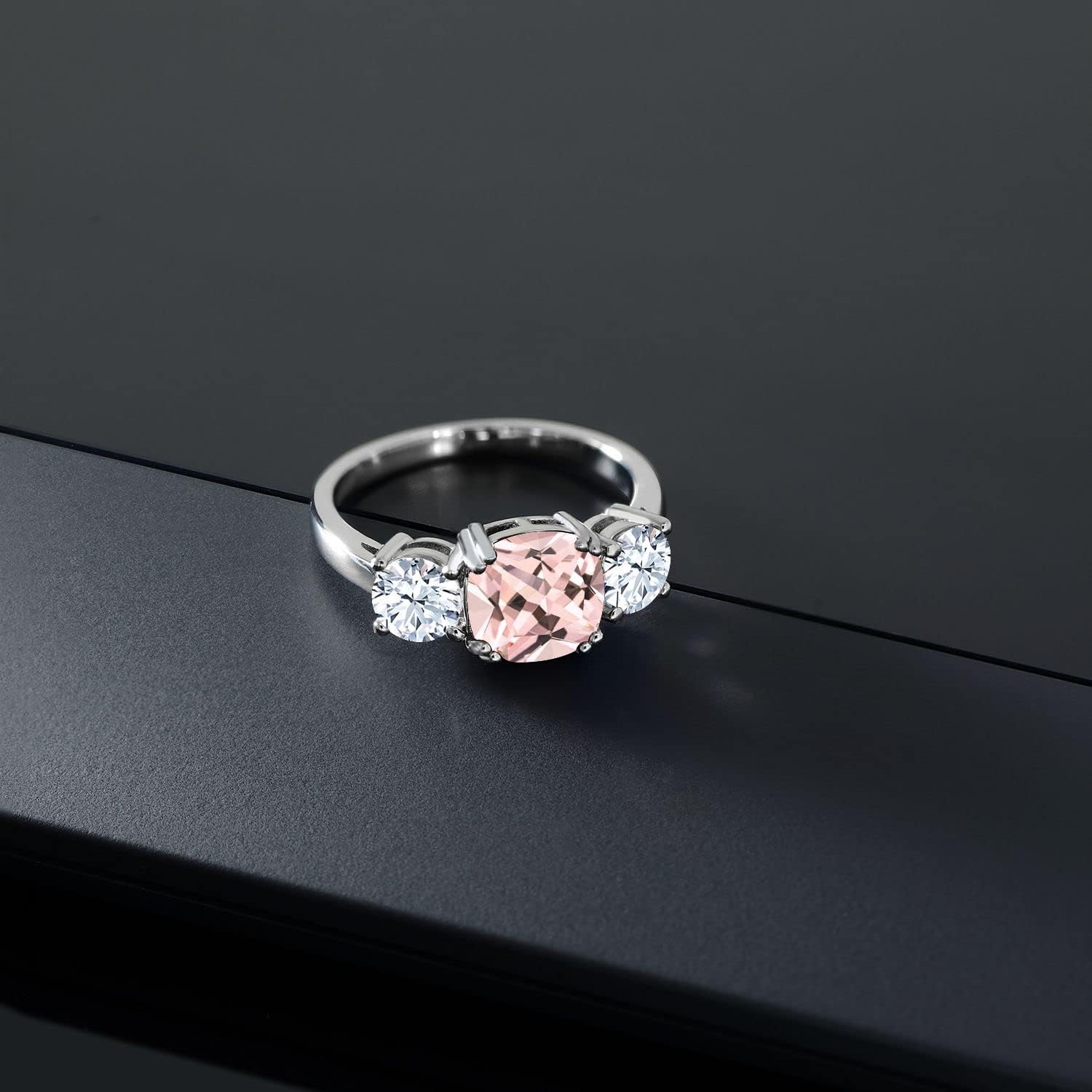 Gem Stone King 3.50 Cttw Peach Nano Morganite and White Zirconia 3-Stone Engagement Ring For Women | 925 Sterling Silver | Cushion 8MM | Wedding Engagement Anniversary Promise Ring For Women