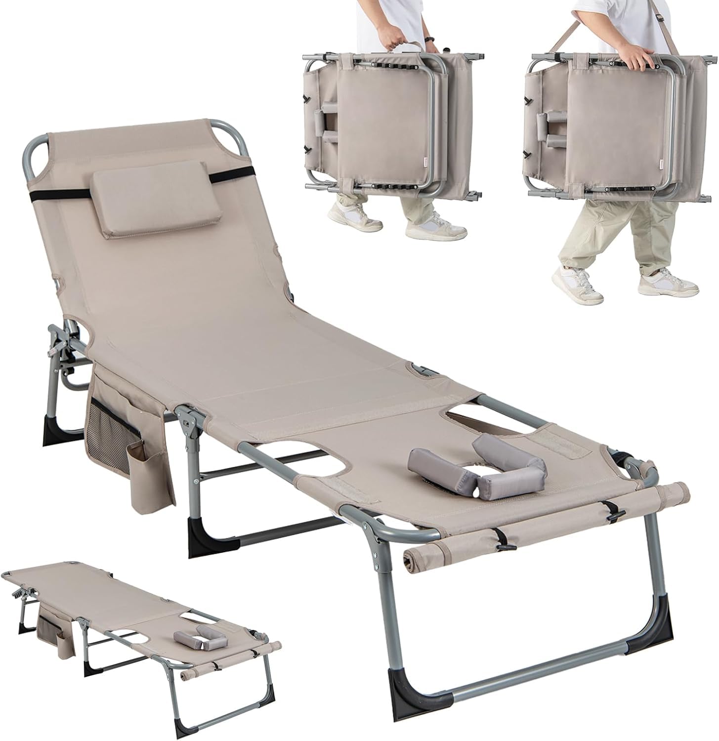 Giantex Tanning Chair, 330Lbs Beach Chair with 5 Adjustable Position, Face & Arm Hole, Hand/Shoulder Strap, Removable Pillow, Side Pocket, Chaise