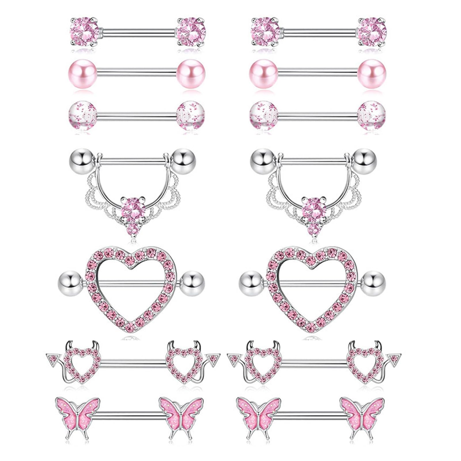 [Eycztdk] 7 Pairs Nipple Piercing Jewelry Silver Peach Cubic Zirconia Heart Bow Knot Design Nipple Rings Decoration for Women