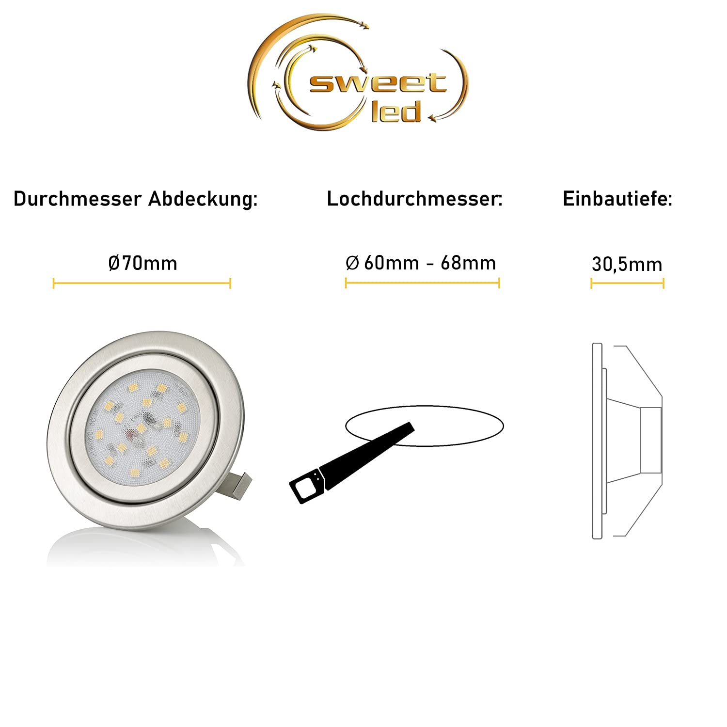 Sweet Led 4x Möbeleinbaustrahler flach 3W LED 230V IP20 Einbaustrahler Möbelleuchte Möbel-Einbaustrahler Einbauleuchte Einbauspot - ultra flach, mini, 3000k Warmweiß