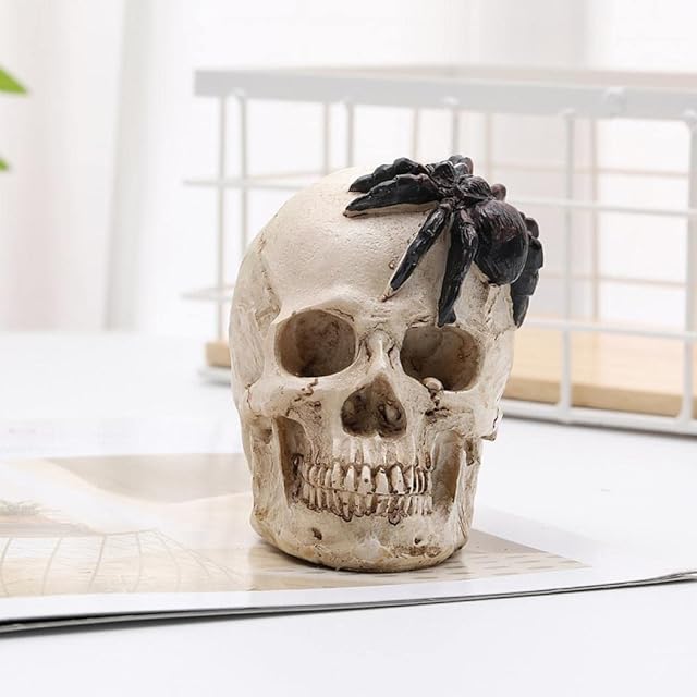 Skull Ornament Creative Resin Skull Head Sculpture Novelty LED Light Up Human Head Skeleton Statue Head Ornaments Collectible Gifts Halloween Decoration Home Decor