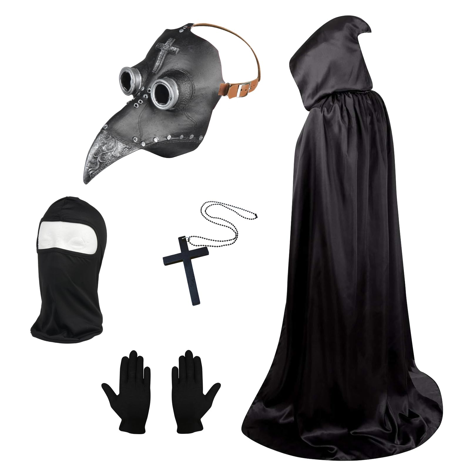 Plague Doctor Mask, Plague Doctor Costume, Steampunk Gothic Black Silver Bird Mask with Full Face Masks Cloak Gloves Cross Necklace, Adult Halloween Costume for Men Women, Halloween Props for Cosplay