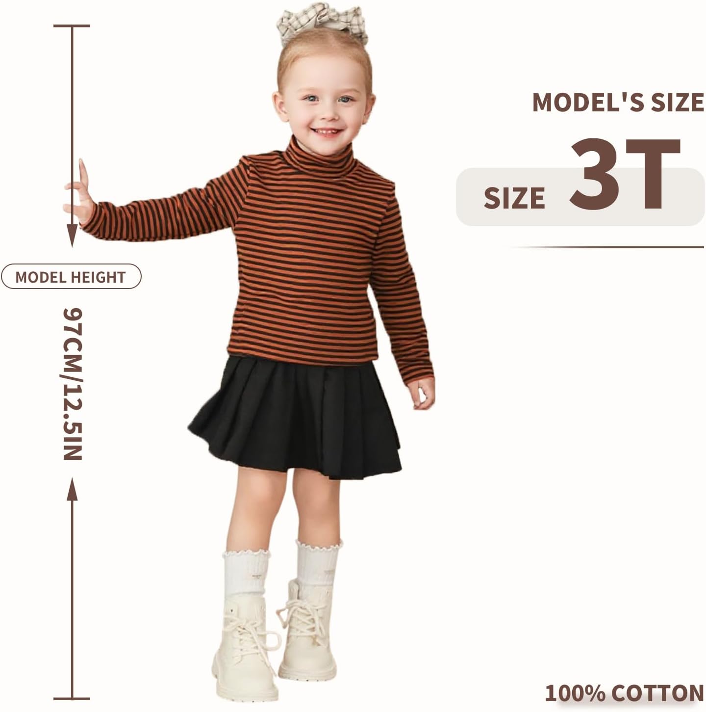 MINI PANDA Little Girl's High-Neck Striped Long-Sleeved T-Shirt, Toddler's High-Neck Stretch Top - Image 2