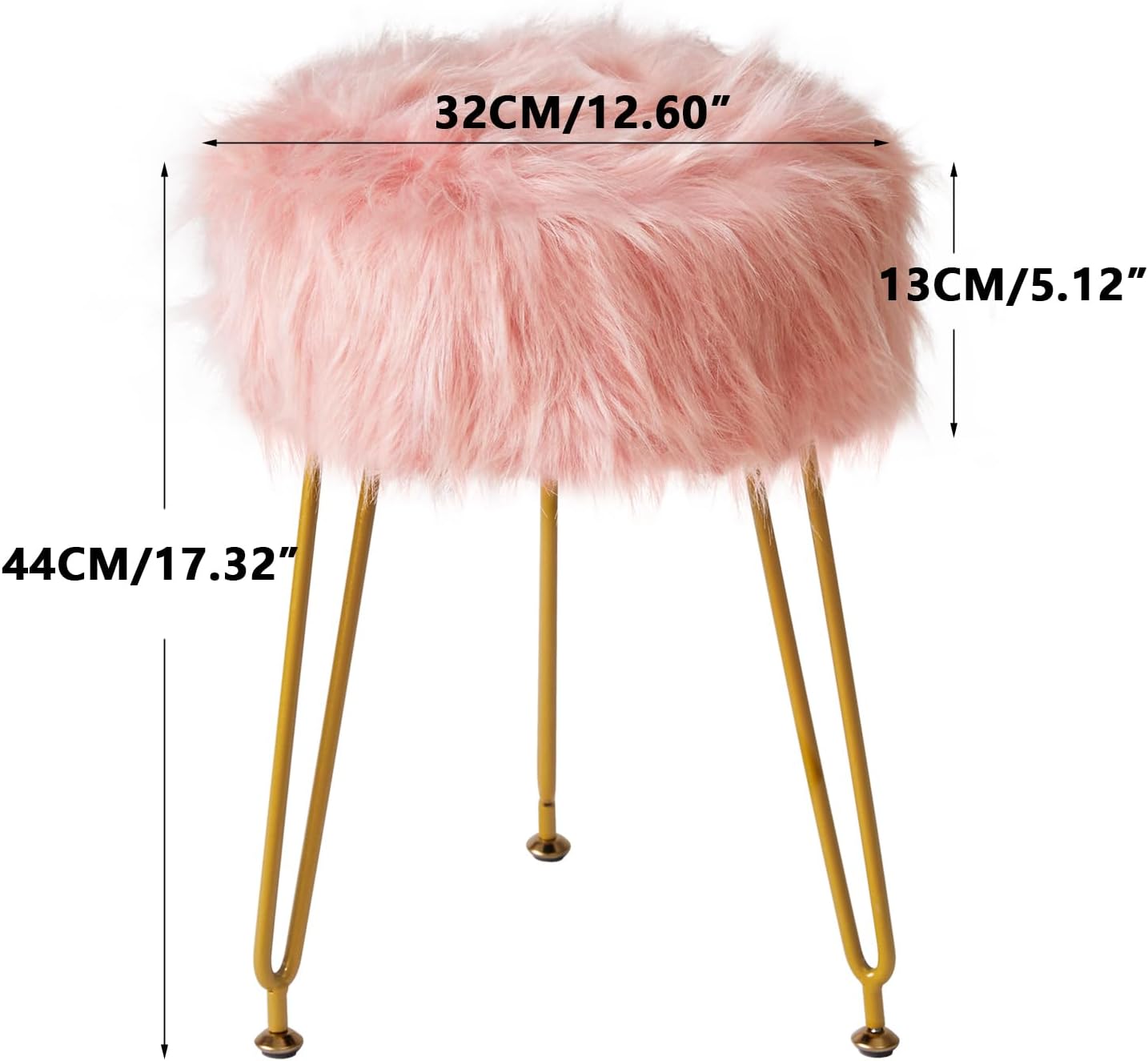 IBUYKE Faux Fur Vanity Stool Chair, Furry Makeup Stool Ottoman, Soft Padded Seat, Round Footrest Footstools with 4 Metal Legs, for Living Room Bedroom Entryway, Pink LG-32P