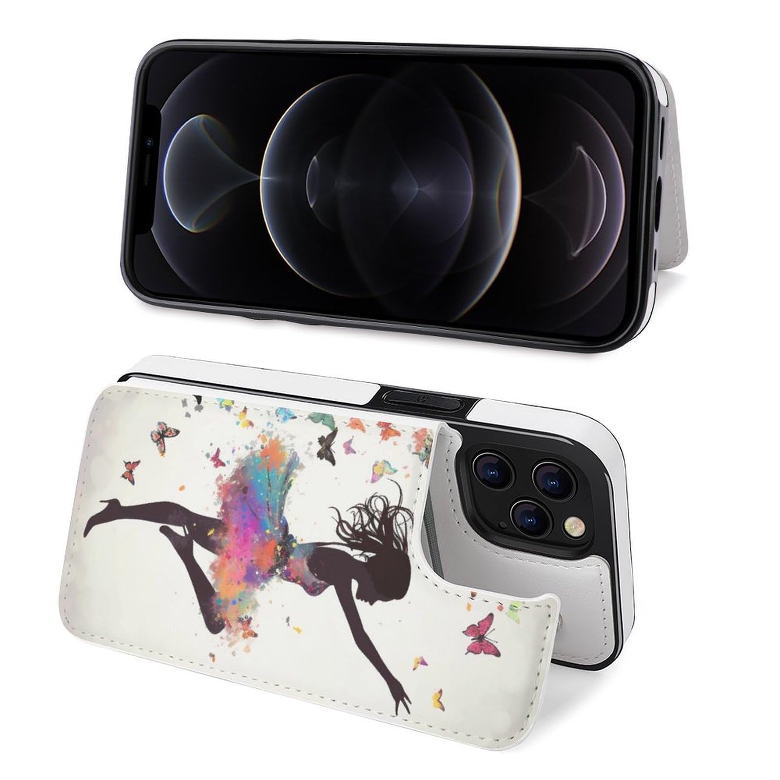 Funda tipo cartera para iPhone 12 Pro Max, diseño de mariposas y bailarinas, funda de piel con ranuras para tarjetas